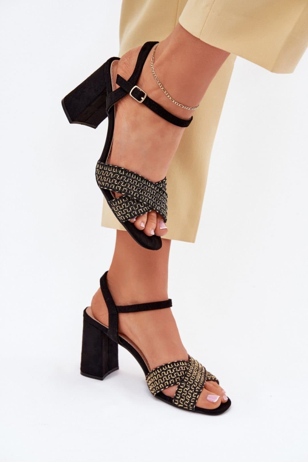 Love Lace Love Lace Women's Suede Heel Sandals with Intertwined Front Straps Buckle in Black