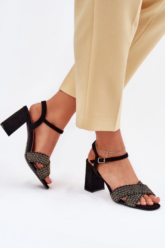 Love Lace Love Lace Women's Suede Heel Sandals with Intertwined Front Straps Buckle in Black - 3