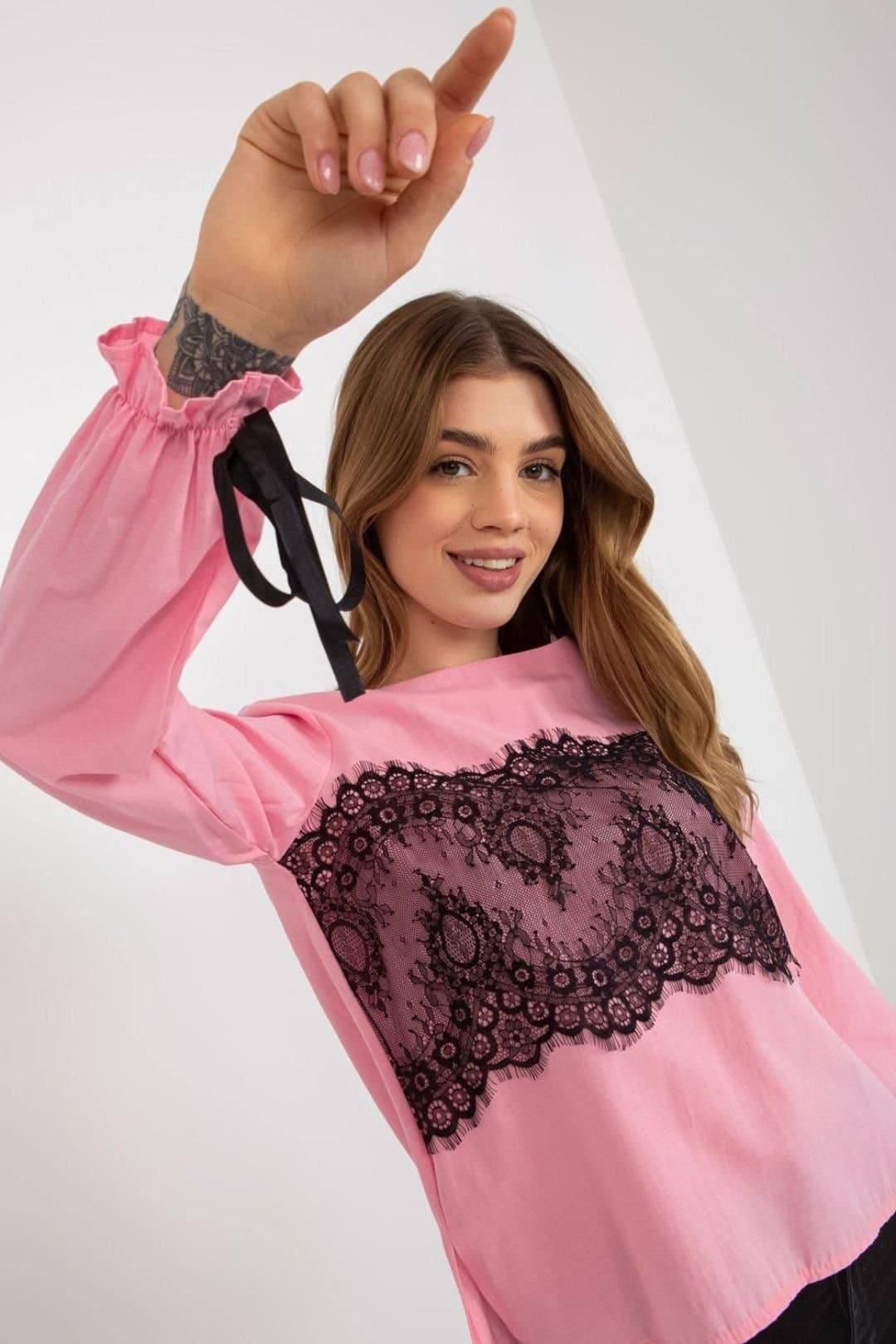 Love Lace Love Lace Women's Formal Long Sleeve Lace Trim Blouse Style 174945 in Pink
