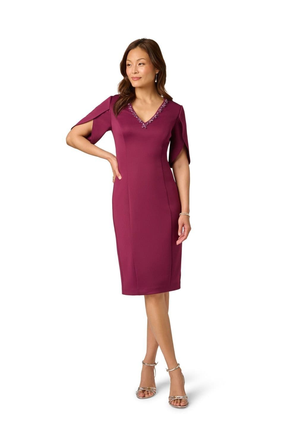 Adrianna Papell Wine Beaded Scuba Pencil Dress