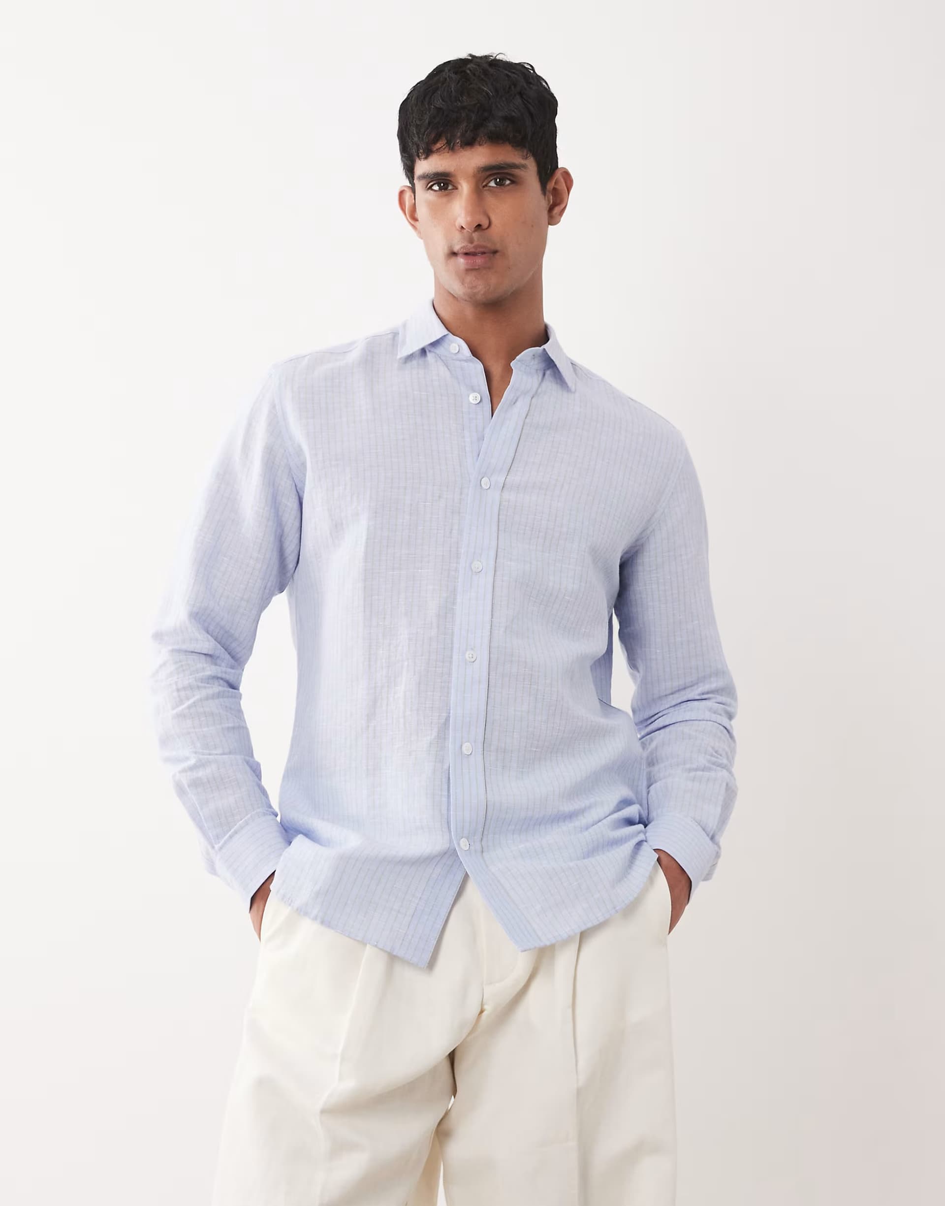 ASOS Mango linen mix long sleeve striped shirt in light blue