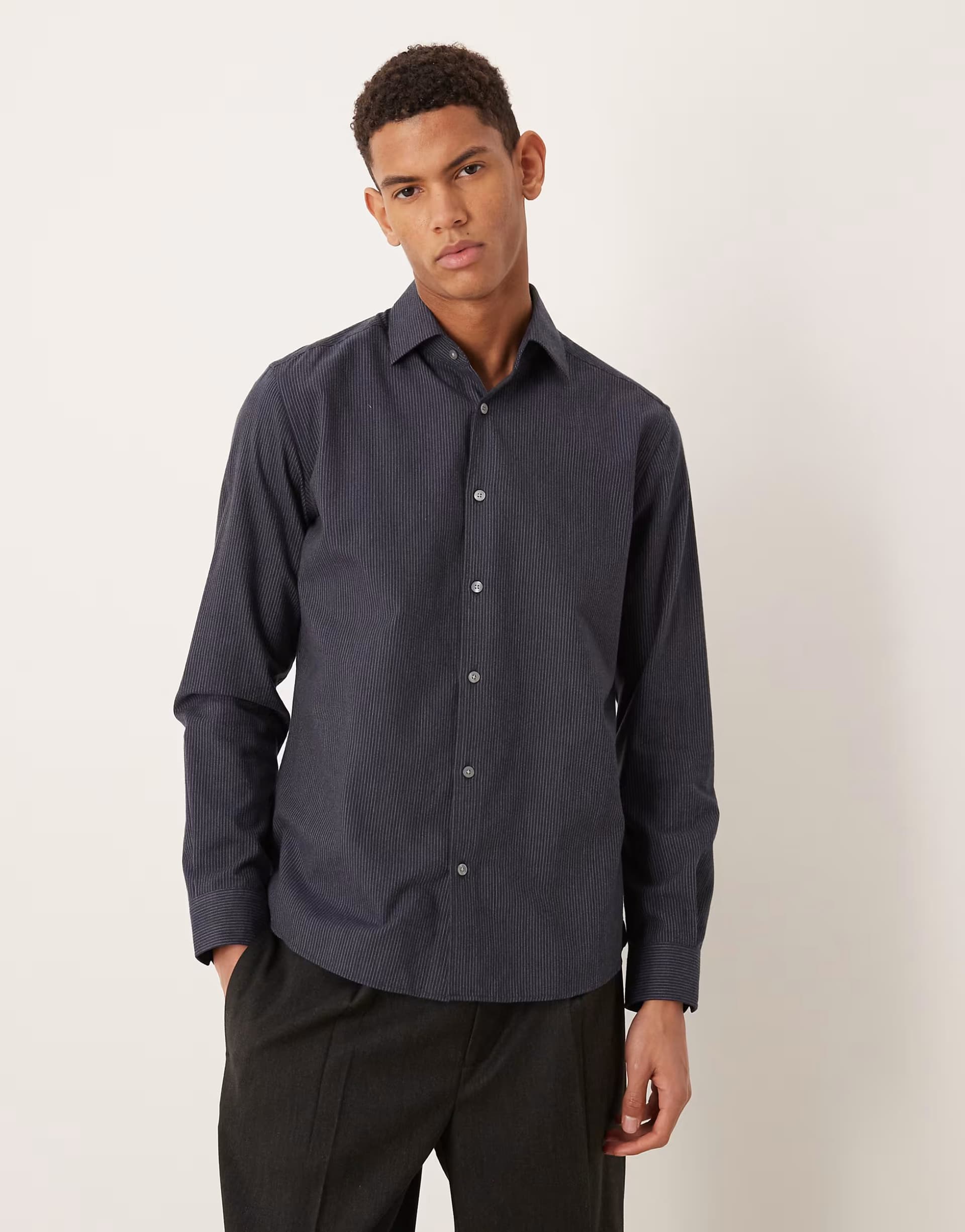 ASOS ASOS Mango Pinstripe Cotton Shirt in Dark Blue
