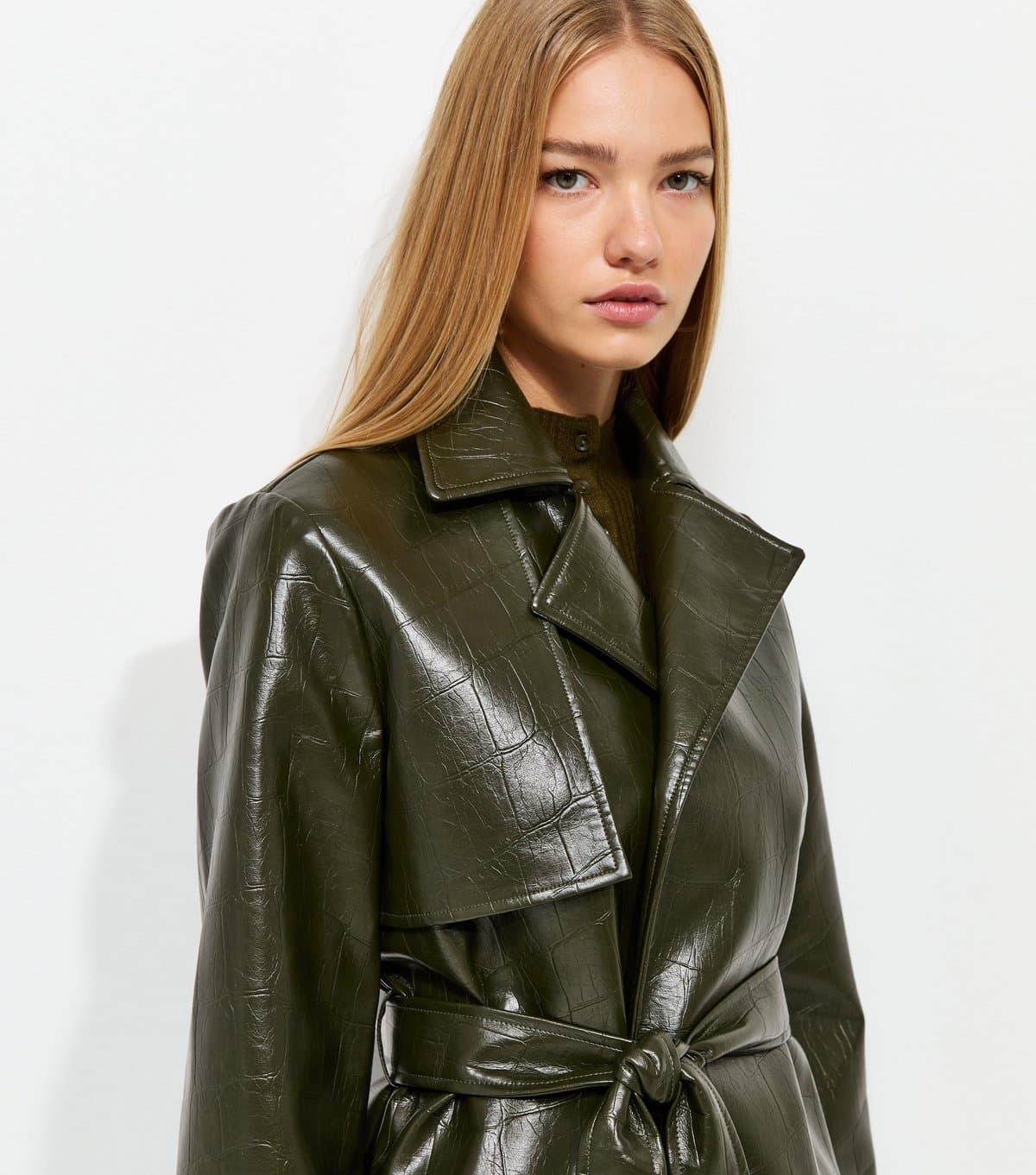 New Look Women's Dark Khaki Patent Faux Leather Crocodile Embossed Tie Waist Jacket New Look