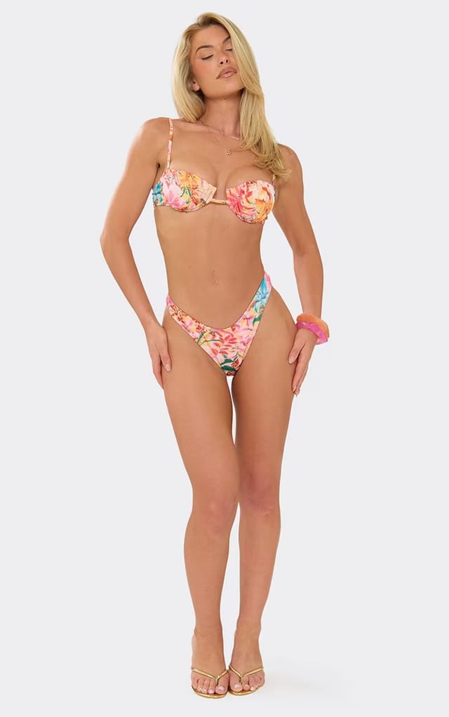 EGO Ruched Cup Detail Underwired Bikini Set In Multi Floral Print, Women's Size UK 6 - 2