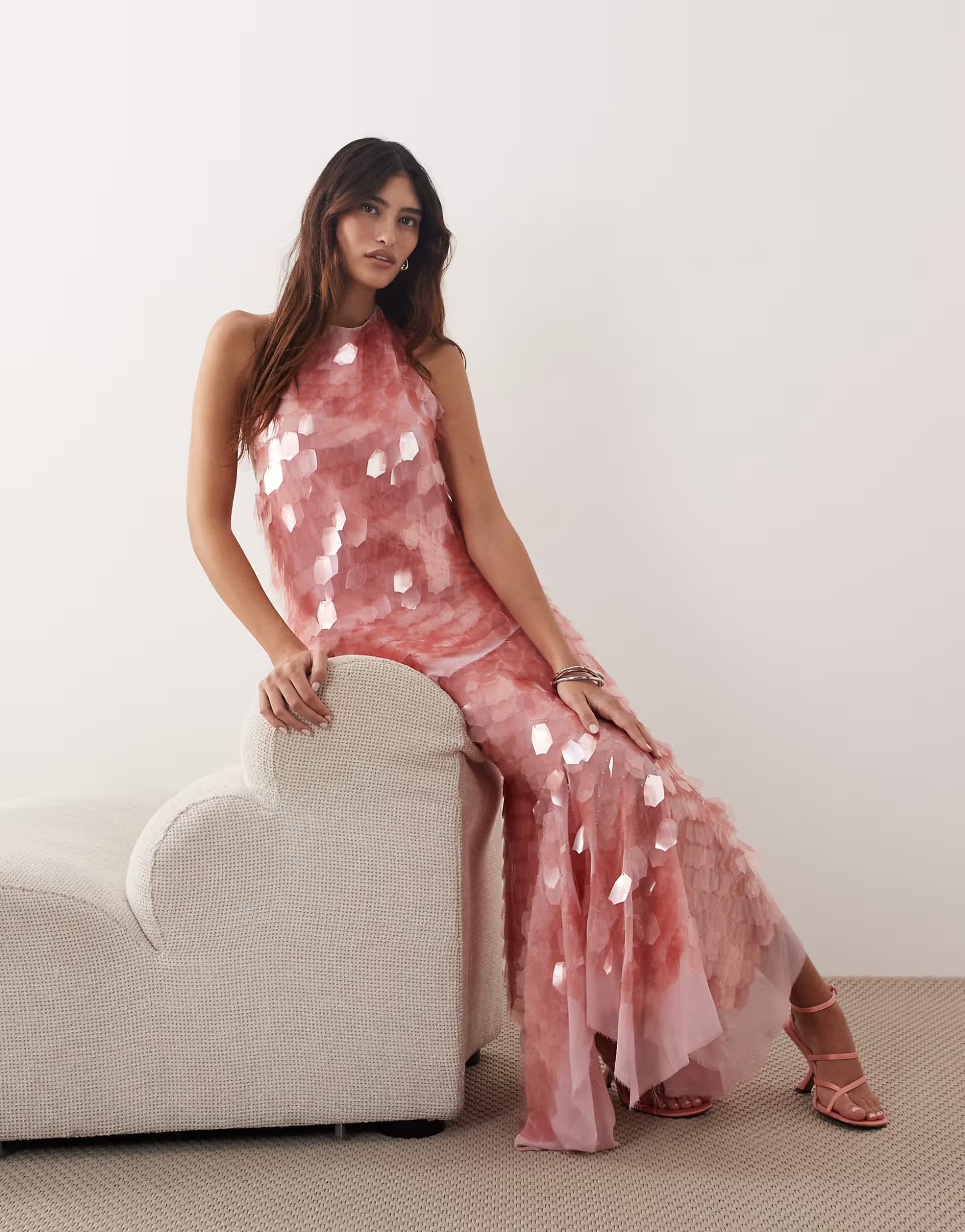 ASOS ARRANGE embellished shard sequin longline halter neck top and midi skirt co-ord in pink