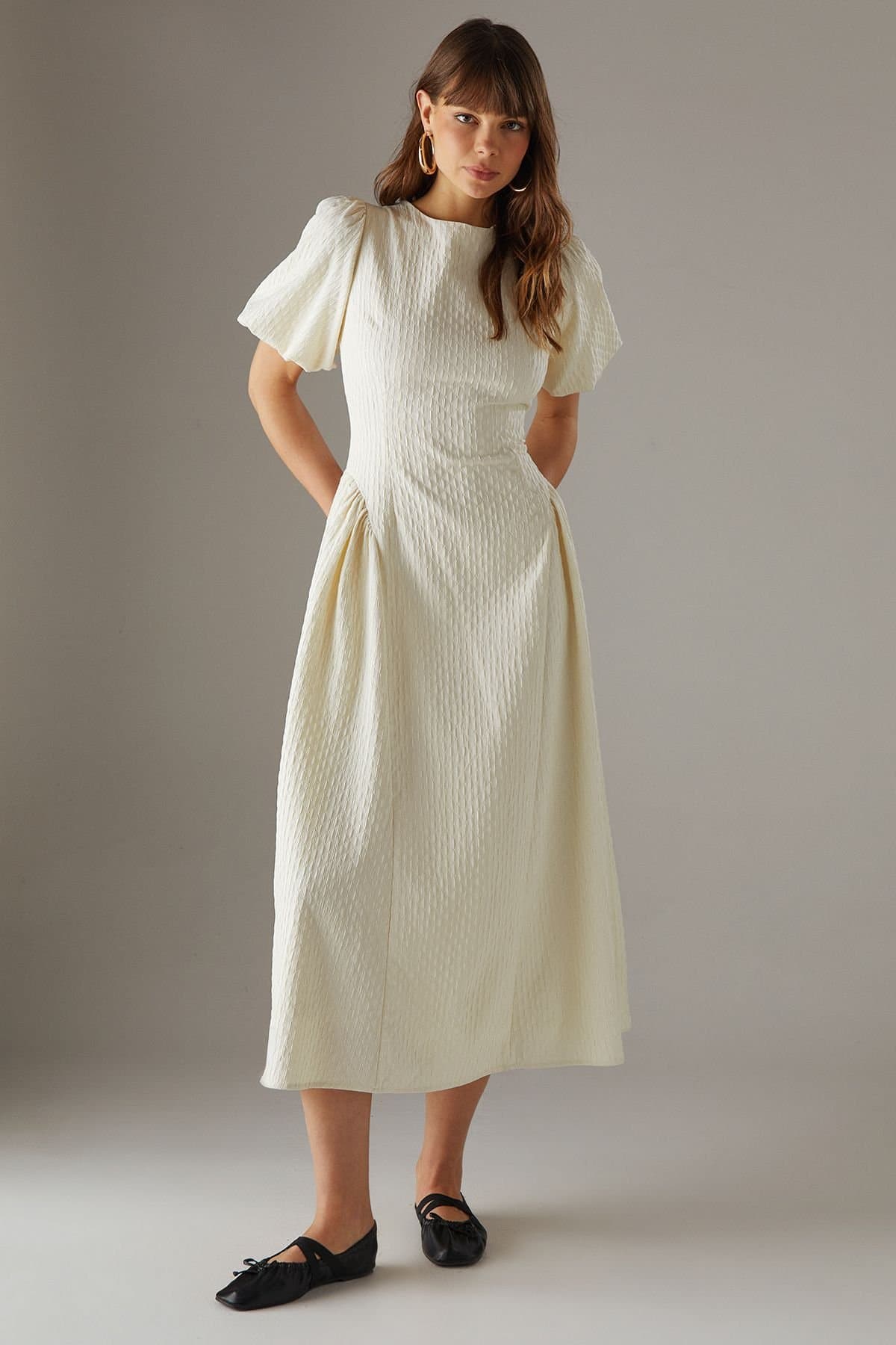 Warehouse Warehouse Women's Seersucker Organza Godet Side Puff Sleeve Midi Dress in Cream