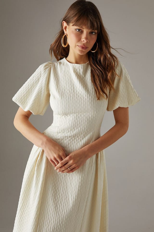 Warehouse Warehouse Women's Seersucker Organza Godet Side Puff Sleeve Midi Dress in Cream - 2