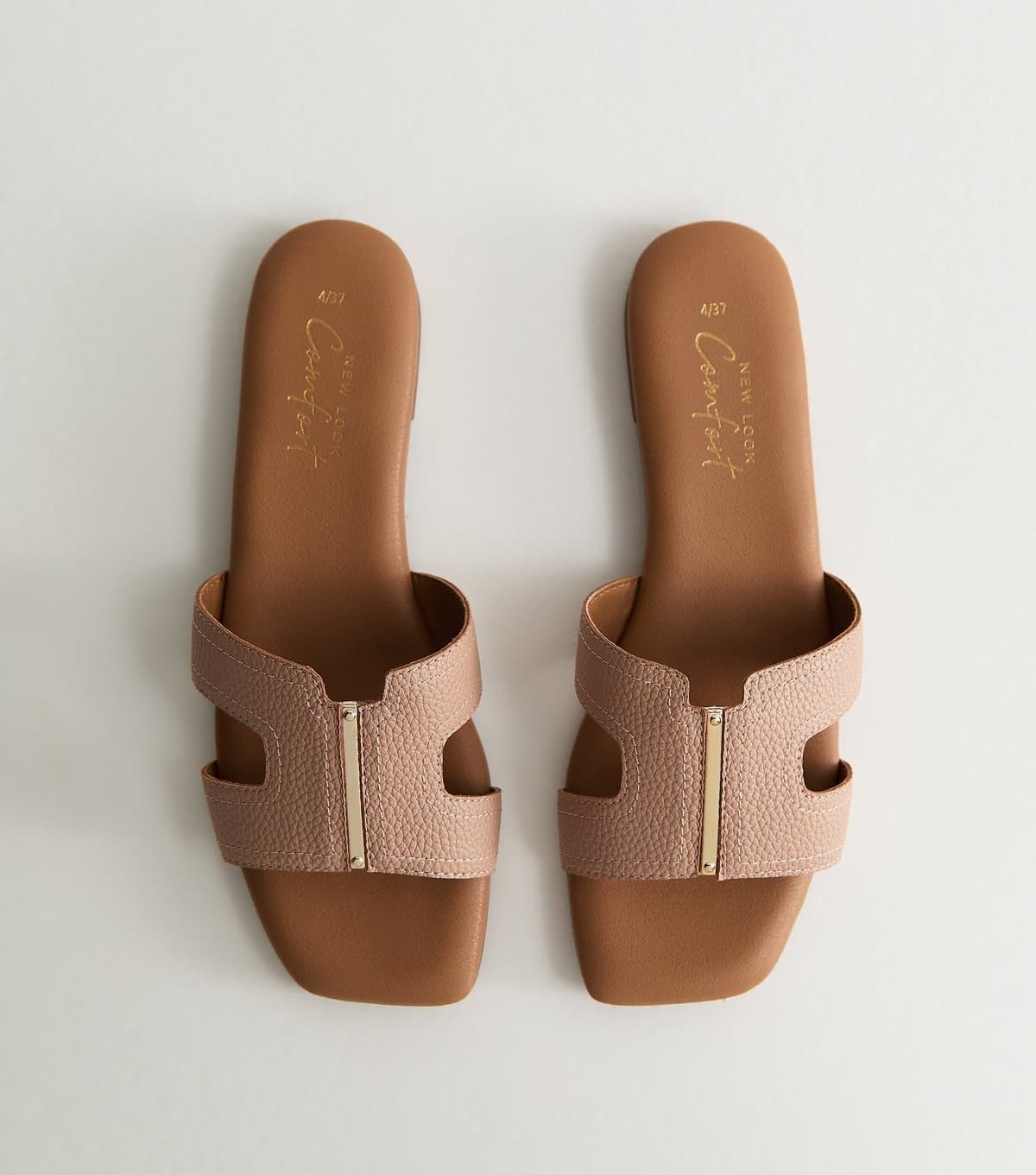 New Look Women's Pink Grained Faux Leather Metal Bar Mule Sandals Vegan New Look