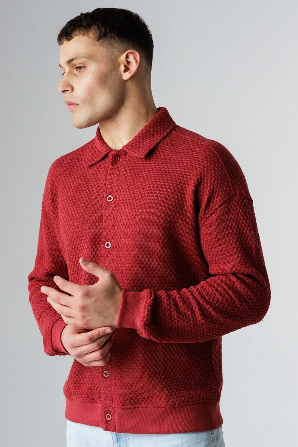 Influence Influence Men's Textured Polo-Style Knit Long Sleeve Button Overshirt in Red