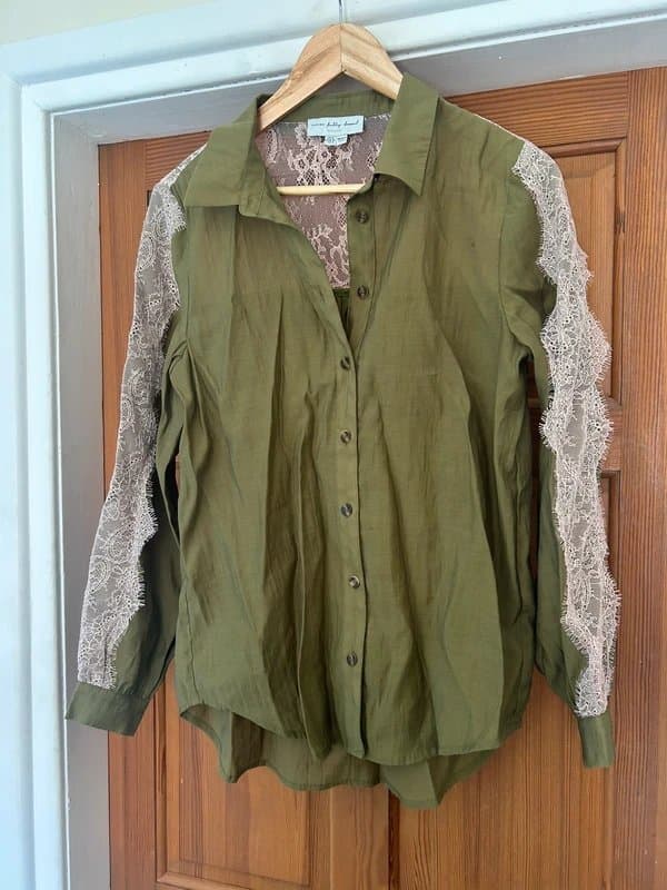 Never Fully Dressed Never Fully Dressed Green Satin Lace Button Down Shirt
