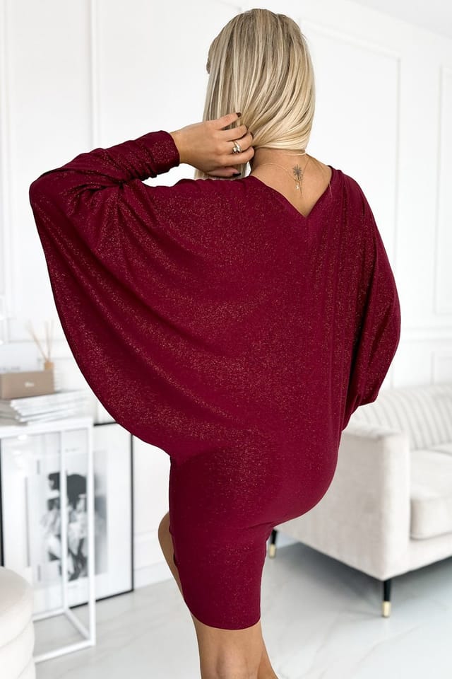 Love Lace Love Lace Women's Stretch Glitter Bat Neck Evening Dress in Maroon - 3