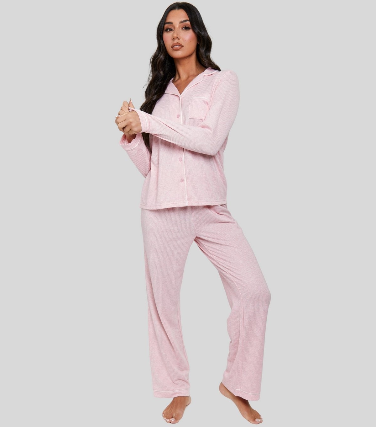 Loungeable Women's Light Pink Rib Super Soft Brushed Marl Buttoned Pyjama Set Loungeable New Look - 3