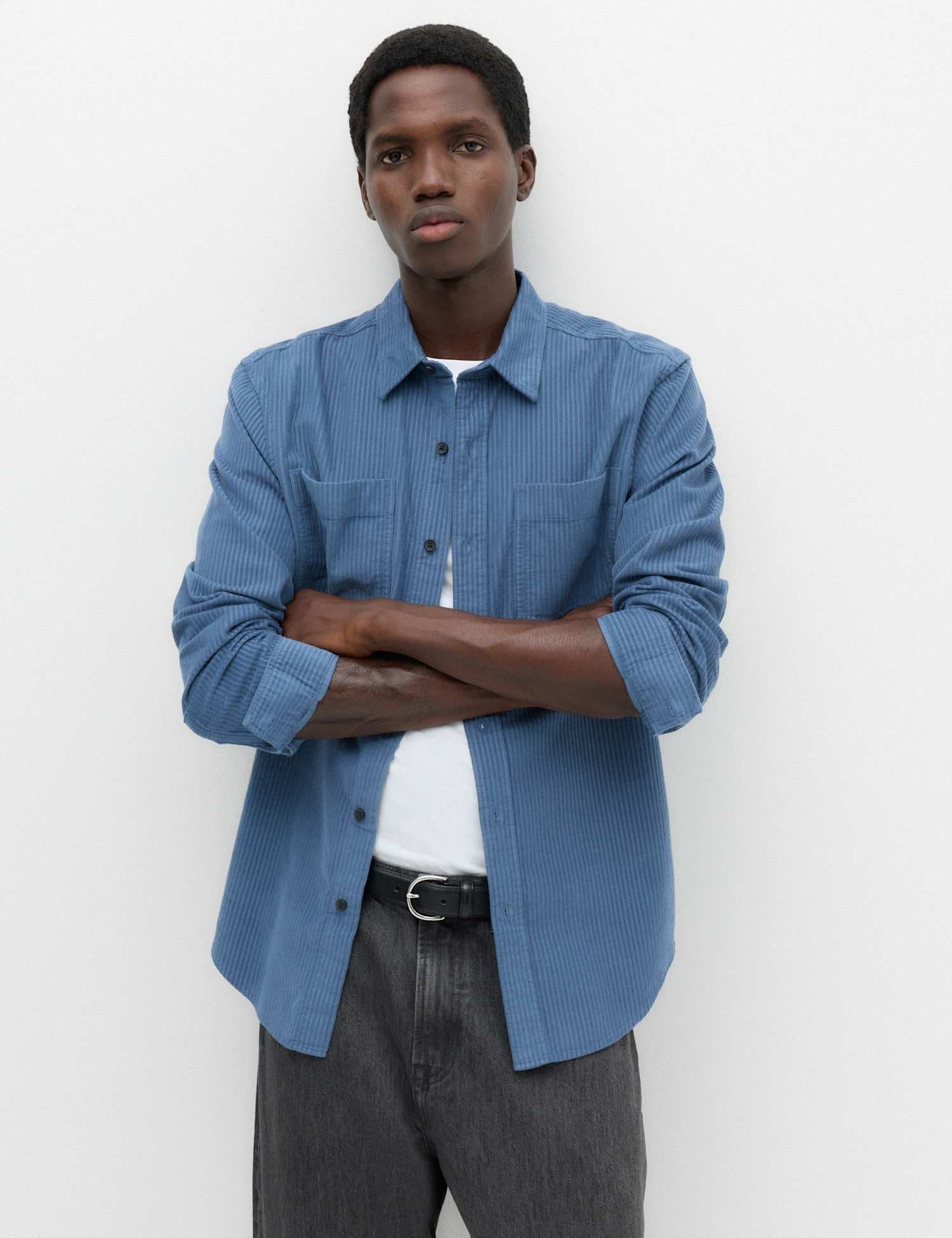 Marks & Spencer M&S Regular Fit Striped Corduroy Shirt Chambray