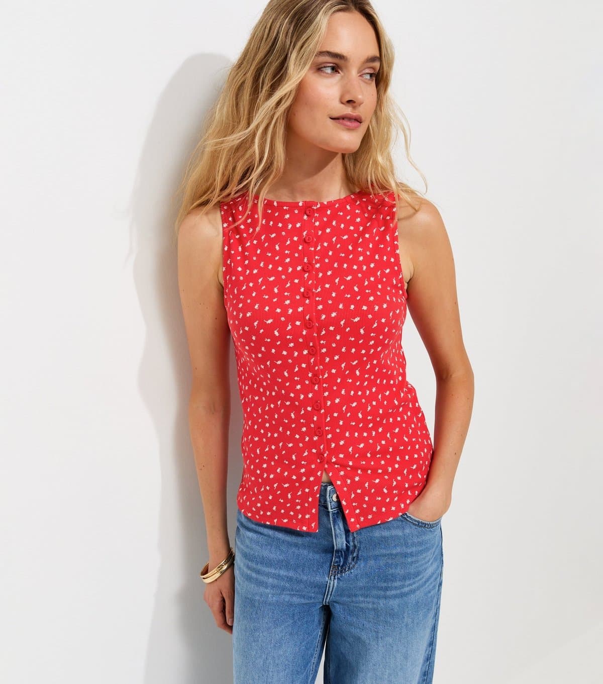 New Look Women's Red Betsy Cotton Rich Ditsy Print Button Through Tank Top New Look