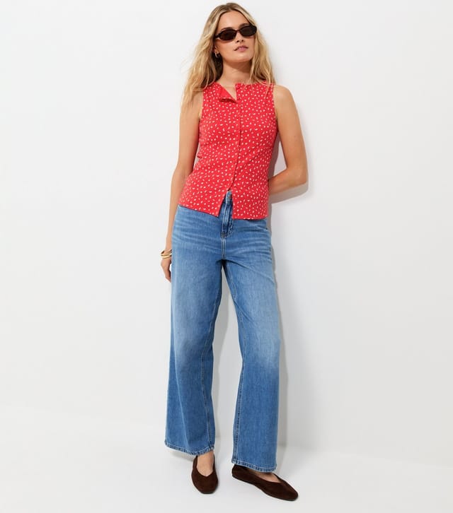 New Look Women's Red Betsy Cotton Rich Ditsy Print Button Through Tank Top New Look - 3