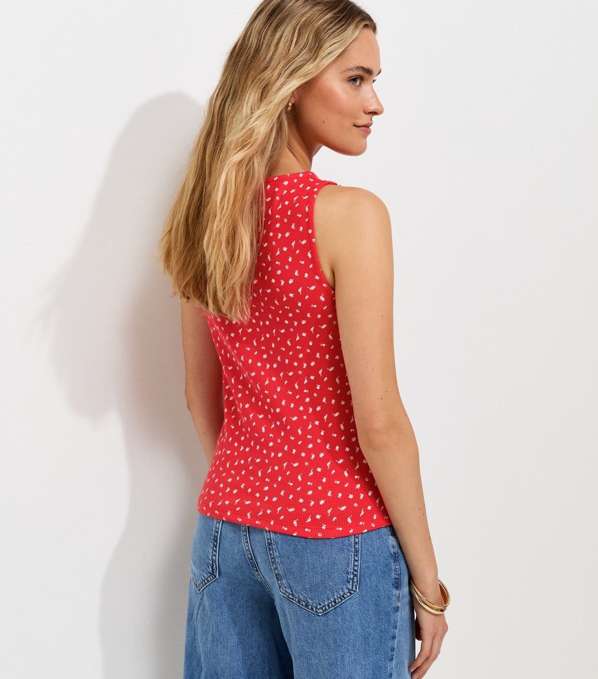 New Look Women's Red Betsy Cotton Rich Ditsy Print Button Through Tank Top New Look - 4