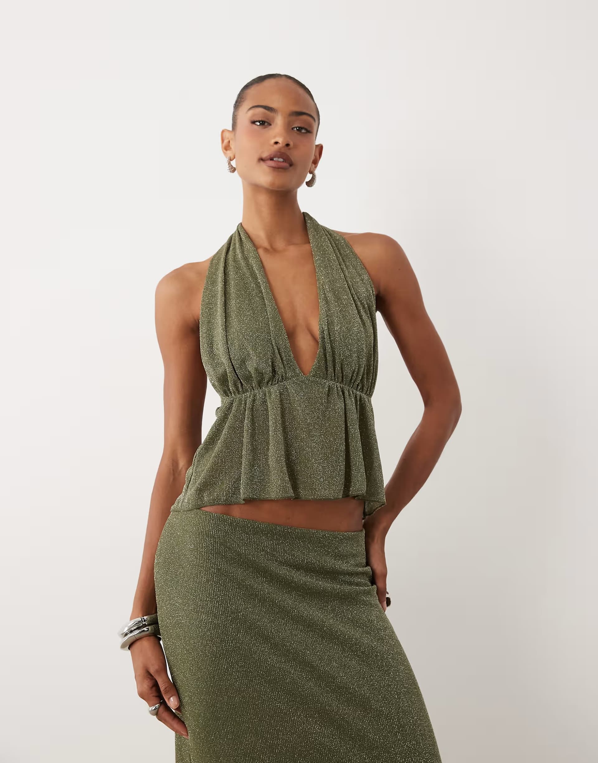 ASOS Gina Tricot mix & match plunge peplum in khaki glitter