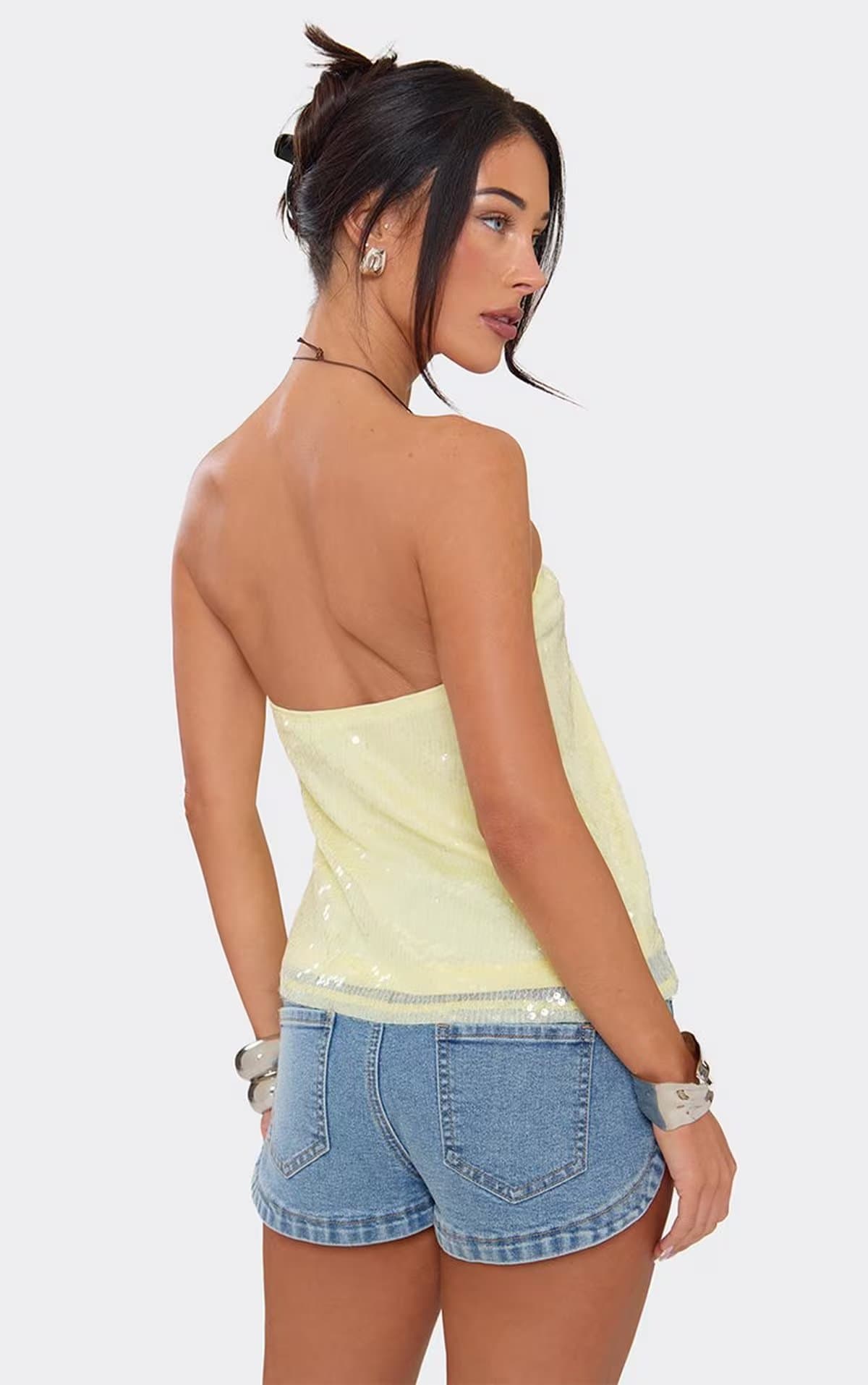 EGO Bandeau Top In Lemon Sequin, Women's Size UK 6