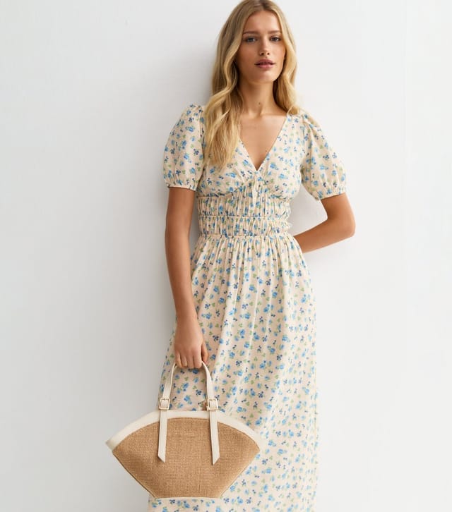 New Look Women's Cream Floral Ruched Waist Midi Dress New Look - 2