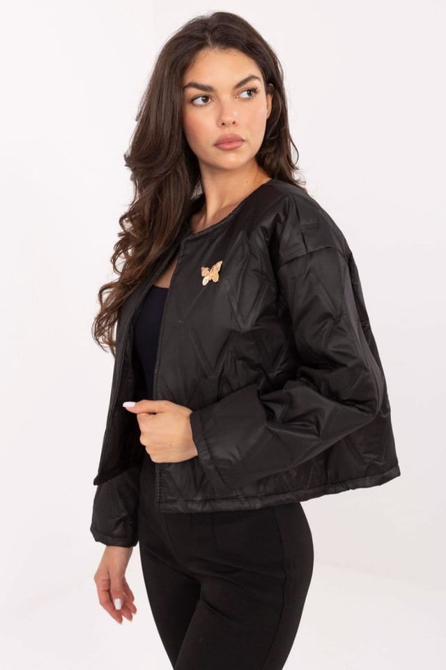 Love Lace Love Lace Women's Lightweight Collarless Quilted Jacket with Brooch in Black - 2