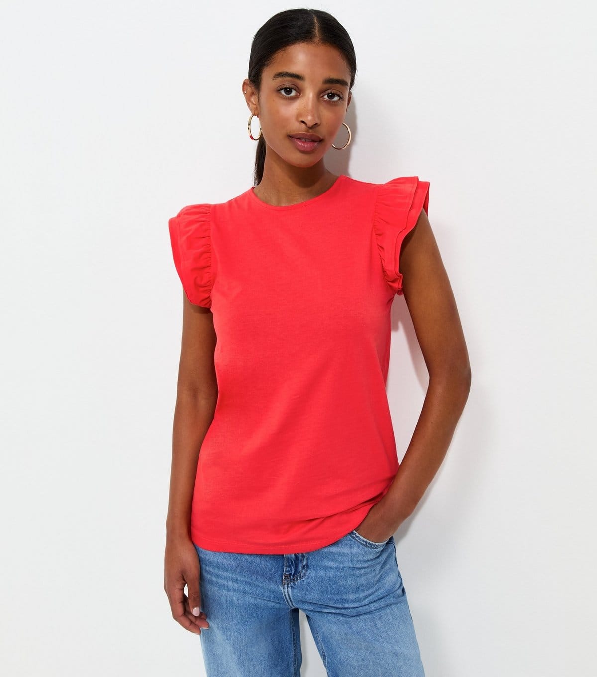 New Look Women's Bright Red Cotton Frill Sleeve Top New Look - 1