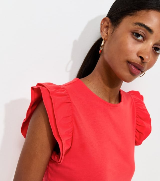 New Look Women's Bright Red Cotton Frill Sleeve Top New Look - 2