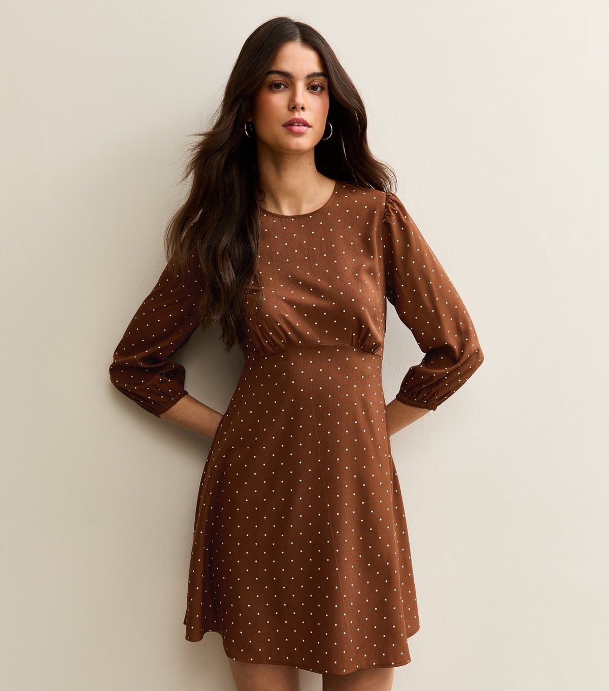 New Look Women's Brown Polka Dot Cropped Sleeve Mini Dress New Look