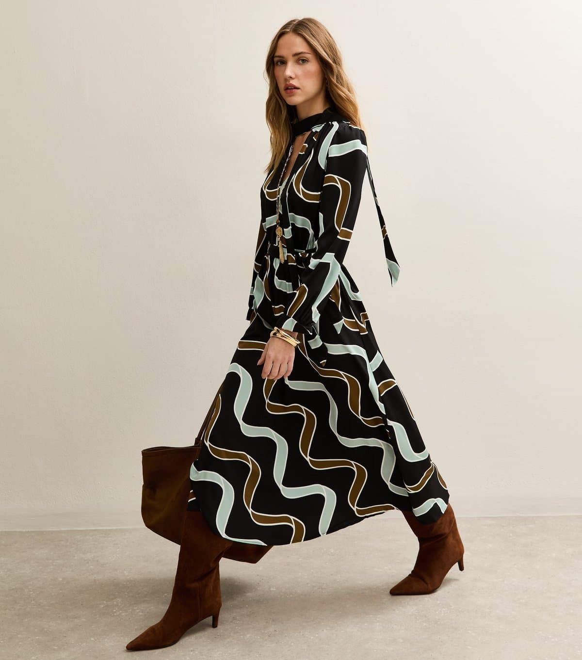 New Look Women's Light Blue and Brown Ribbon Long Sleeve Pussybow Midi Dress New Look