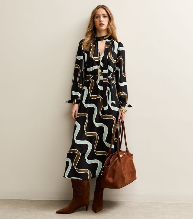 New Look Women's Light Blue and Brown Ribbon Long Sleeve Pussybow Midi Dress New Look - 3