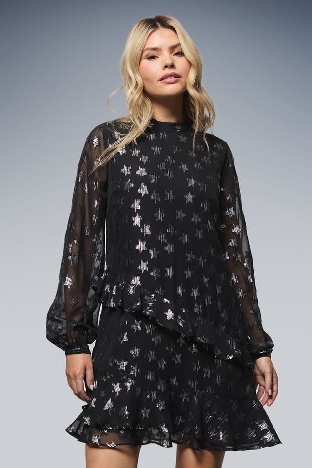 Dorothy Perkins Dorothy Perkins Women's DP Luxe Star Jacquard Ruffle Shift Mini Dress in Black - 2