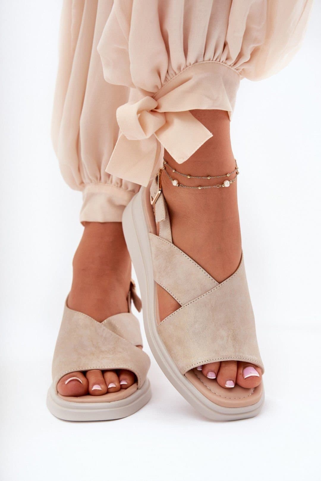 Love Lace Love Lace Women's Jezzi Wedge Heel Buckle Sandals with Adjustable Strap Comfort in Beige