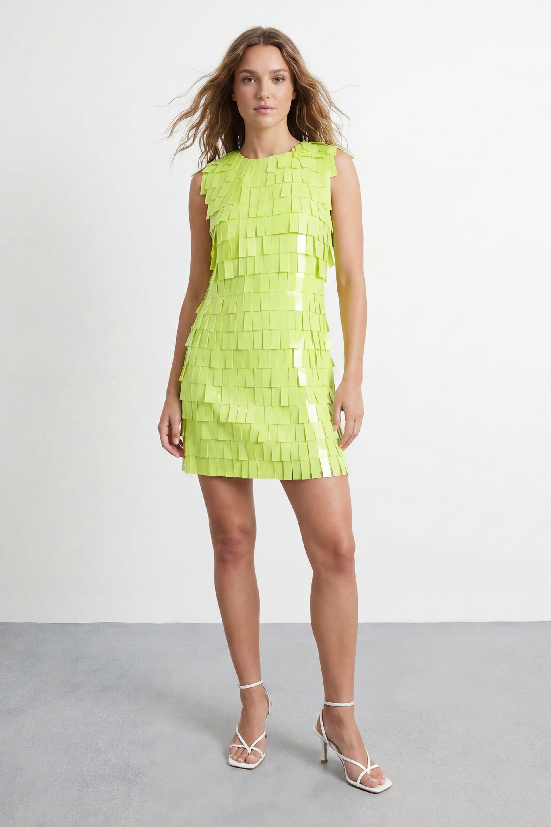 Warehouse Warehouse Women's Fringe Sequin Shoulder Pad Mini Dress in Lime