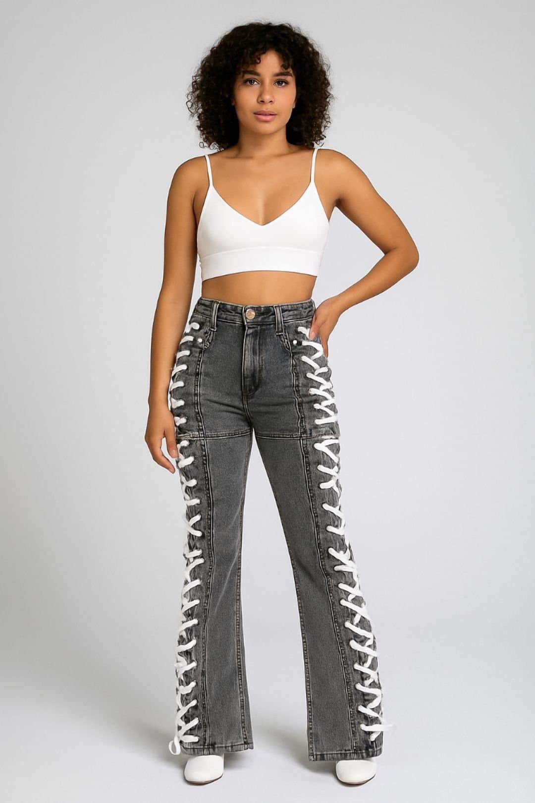 STYLEWISE STYLEWISE Women's Side Eyelet Lace Up Detail - Straight - Denim Jeans in Charcoal
