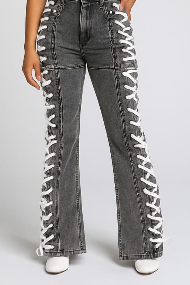 STYLEWISE STYLEWISE Women's Side Eyelet Lace Up Detail - Straight - Denim Jeans in Charcoal - 2