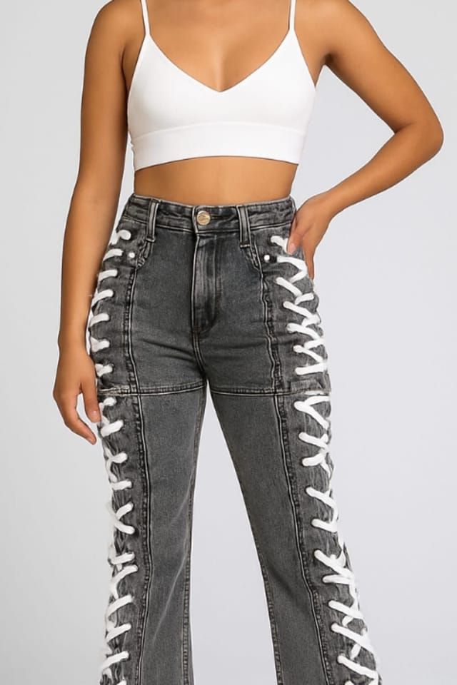 STYLEWISE STYLEWISE Women's Side Eyelet Lace Up Detail - Straight - Denim Jeans in Charcoal - 3