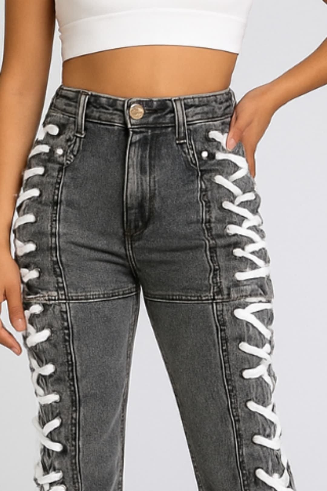 STYLEWISE STYLEWISE Women's Side Eyelet Lace Up Detail - Straight - Denim Jeans in Charcoal - 4