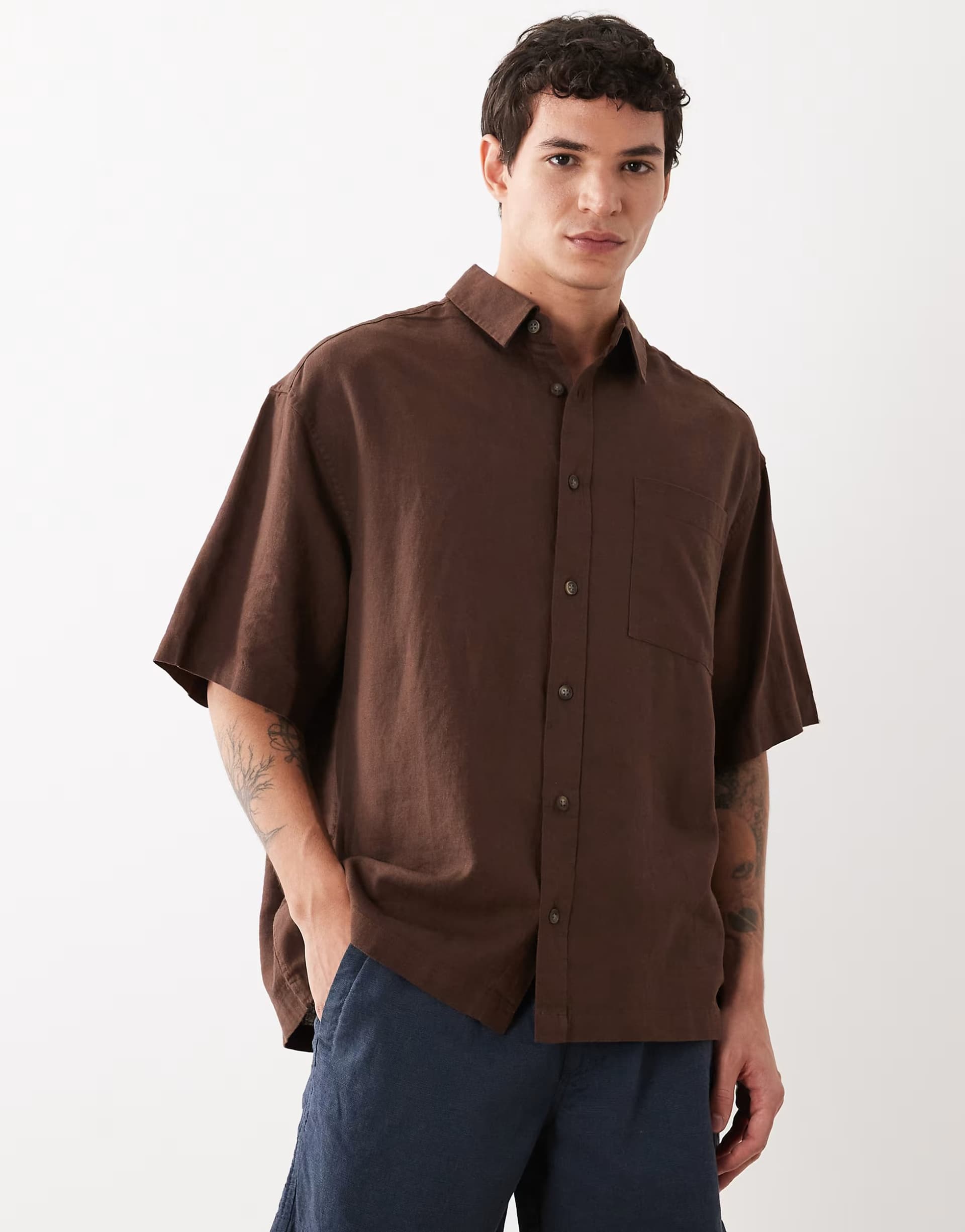 ASOS ASOS DESIGN oversized linen blend shirt in brown