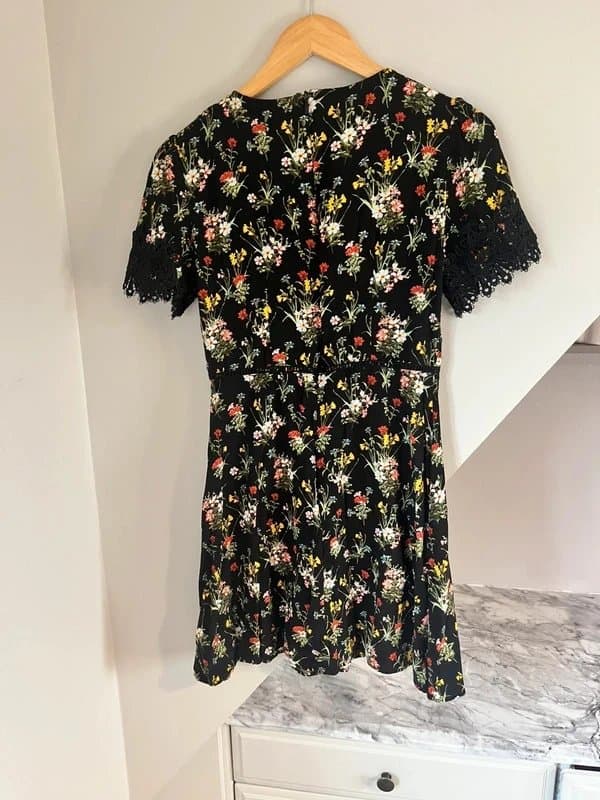 Oasis Oasis Black Floral Lace Trim Viscose Floaty Midi Summer Holiday Dress Size 10