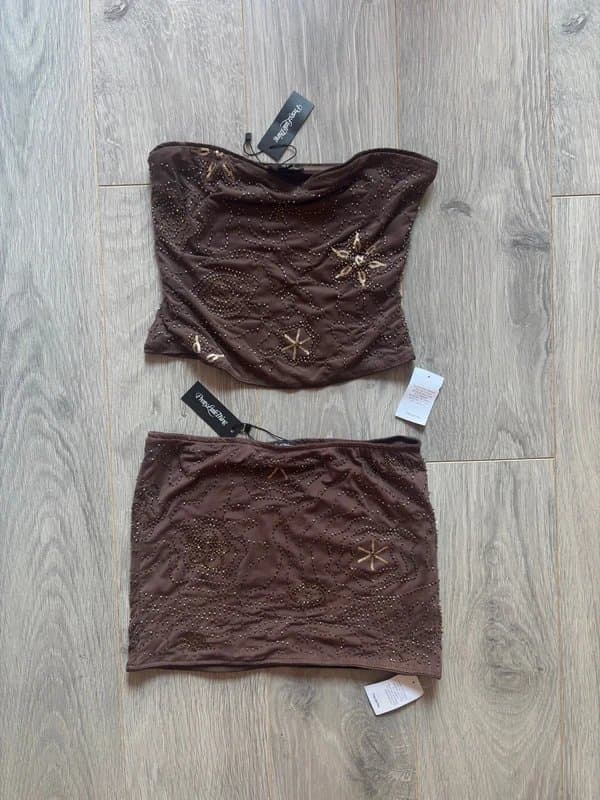 PrettyLittleThing Prettylittlething BNWT brown beaded dress and bandeau top co ord set