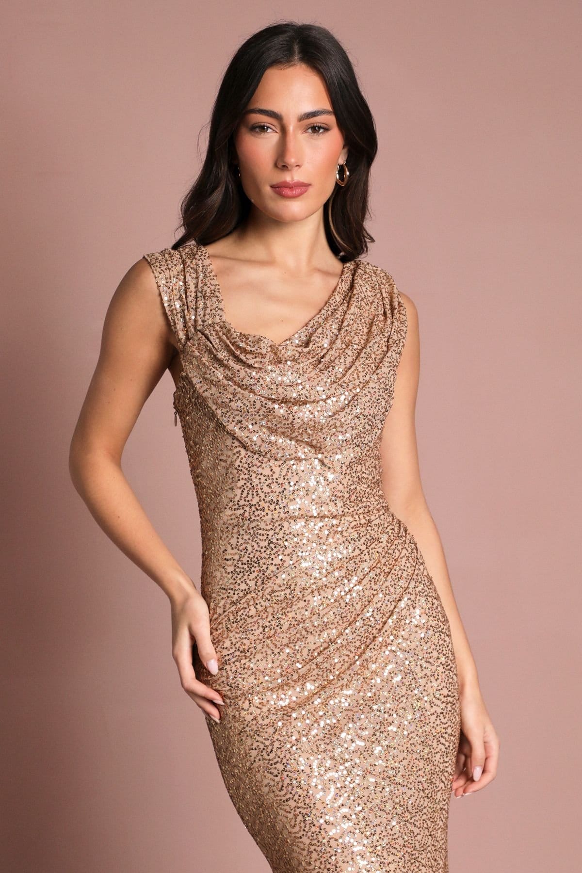 Coast Coast Women's Sequin Cowl Neck Maxi Dress in Gold - 4