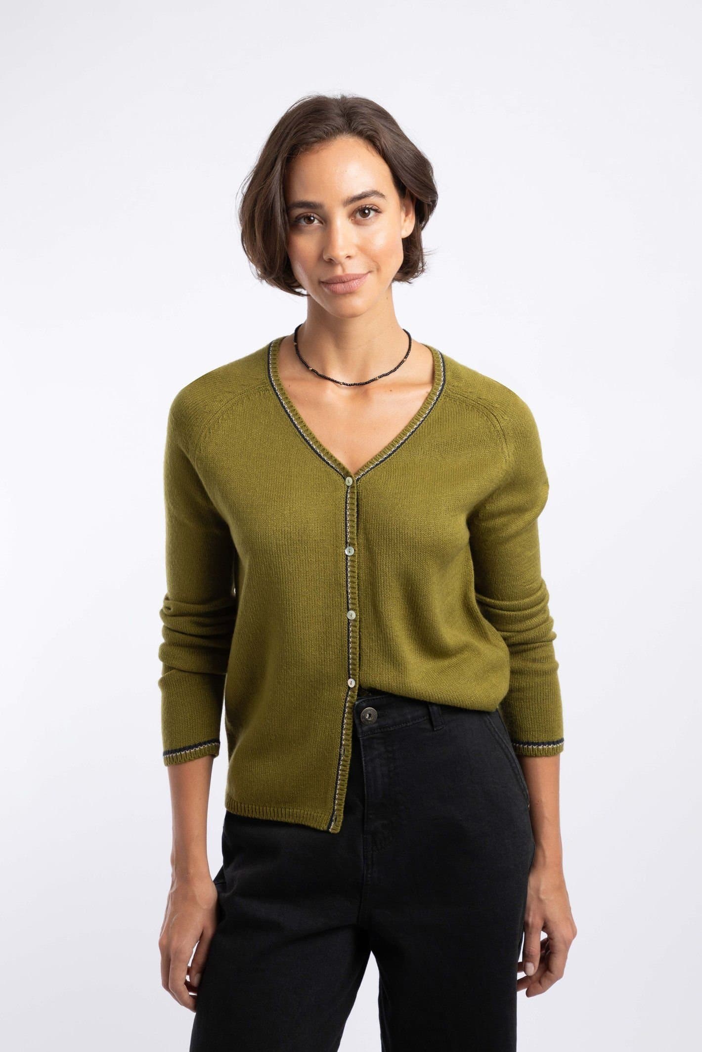 Weird Fish Weird Fish Women's Maddis Fine Knit Tipped Cardigan in Dark Green