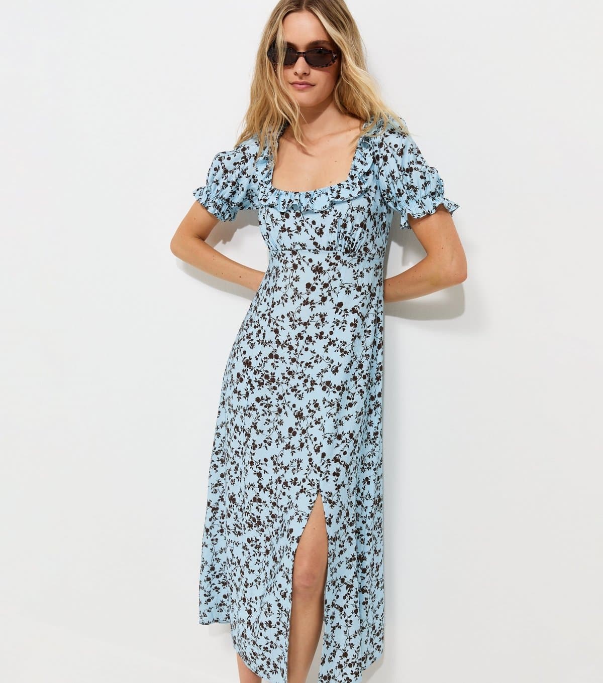 New Look Women's Blue Floral Square Neck Midi Tea Dress New Look