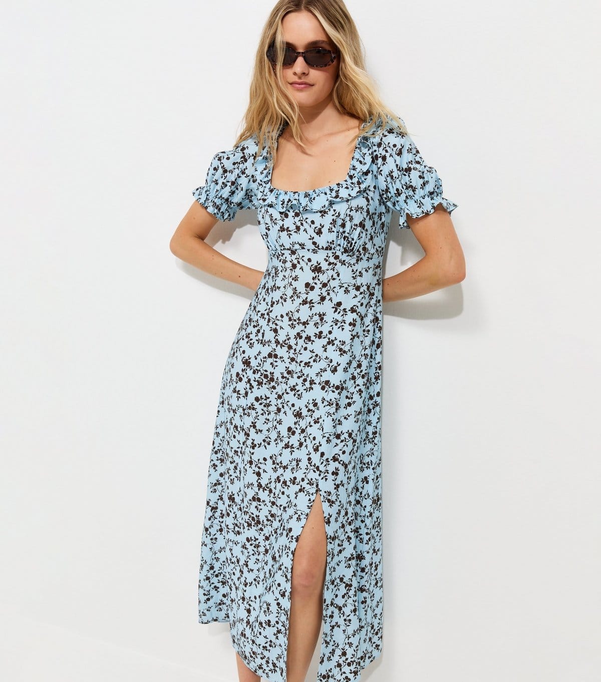 New Look Blue Floral Square Neck Midi Tea Dress