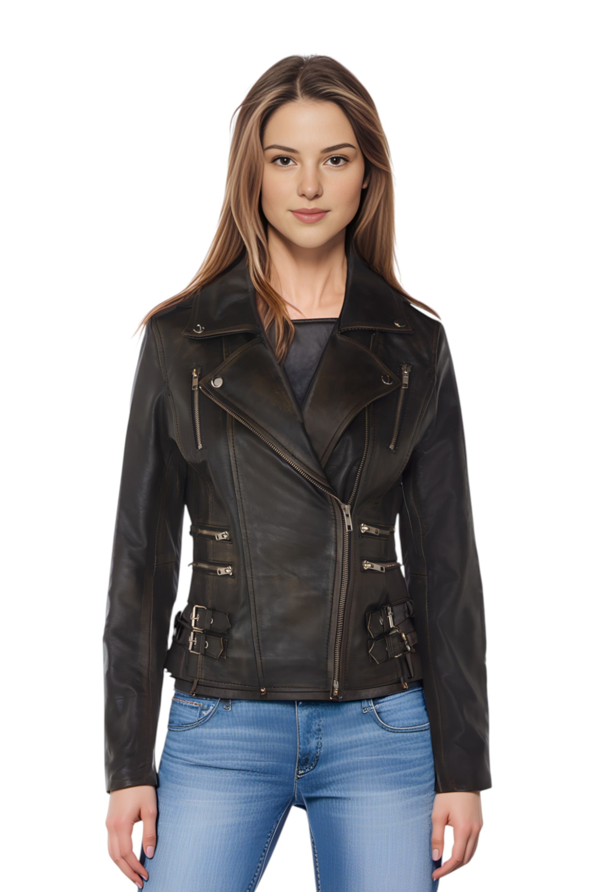 Infinity Leather Infinity Leather Women's Leather Teal Brando Biker Jacket-Constantia in True Black - 1