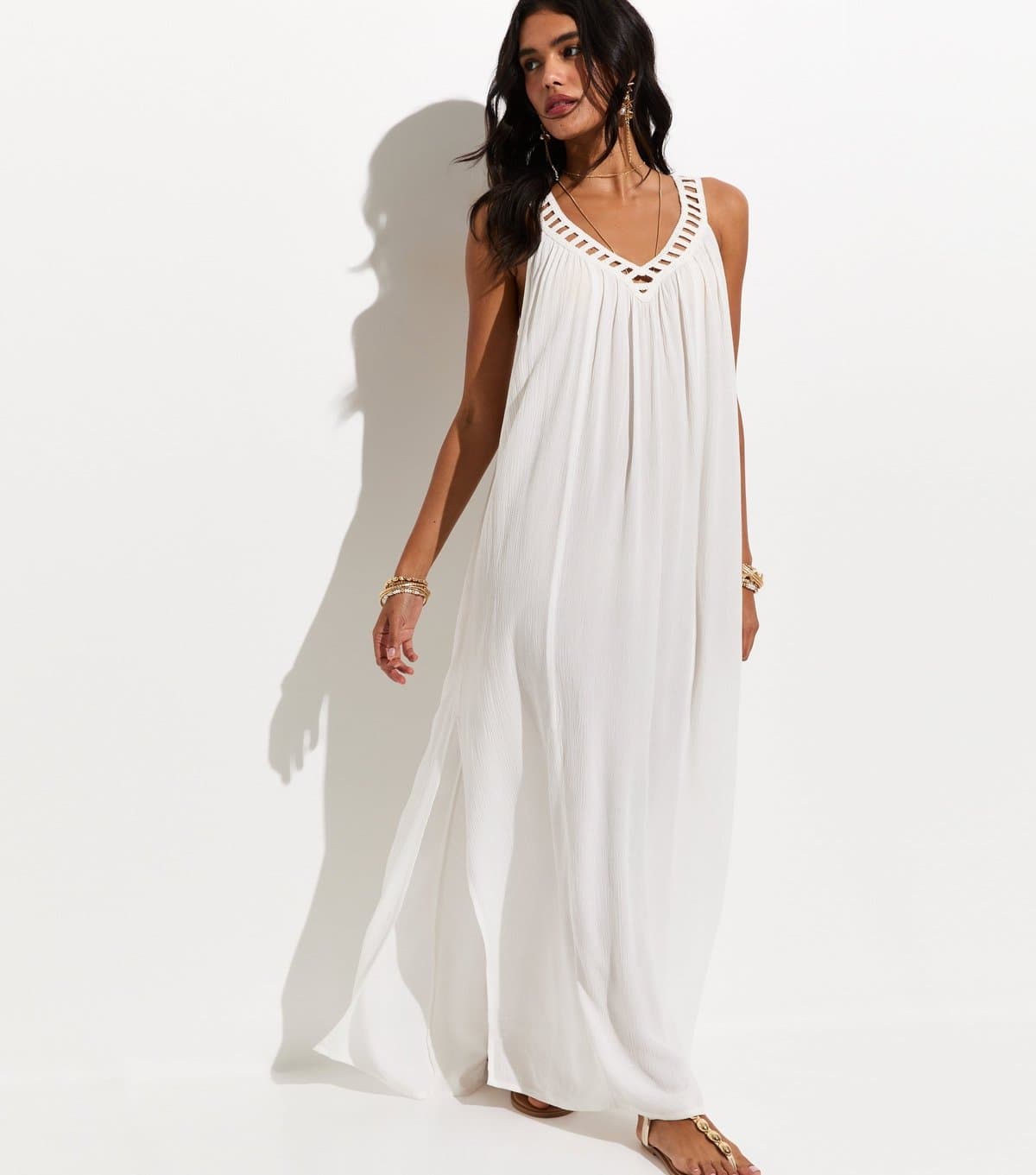 New Look Women's White Crochet Trim V-Neck Beach Maxi Dress New Look
