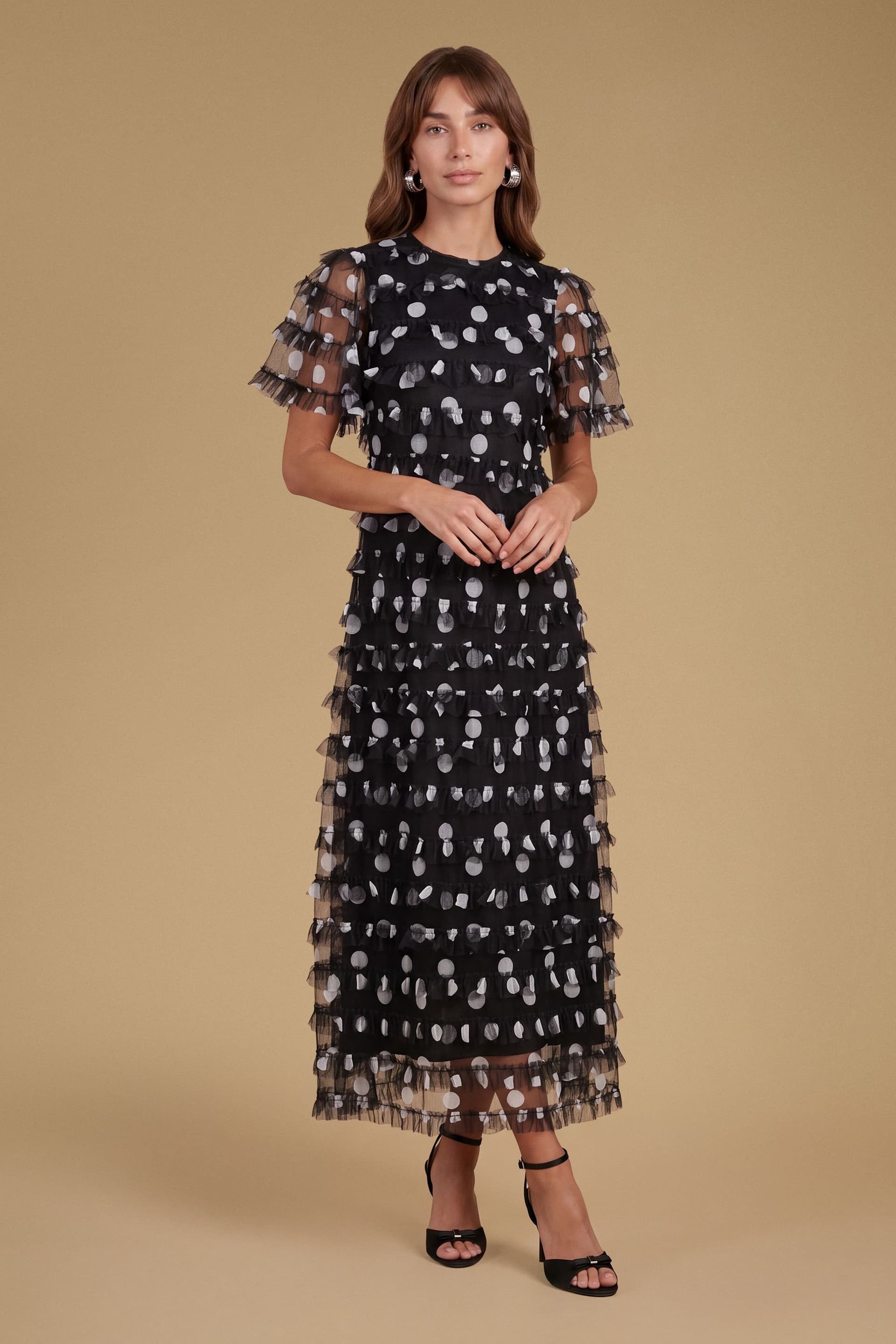 Oasis Oasis Women's Petite Spot Print Ruffle Mesh Maxi Dress in Mono