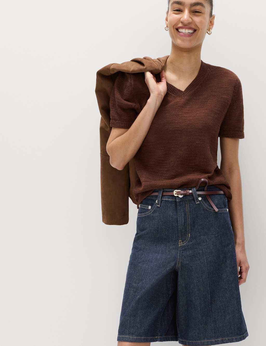 Marks & Spencer M&S Denim High Waisted Jorts with Linen Indigo Mix - 4