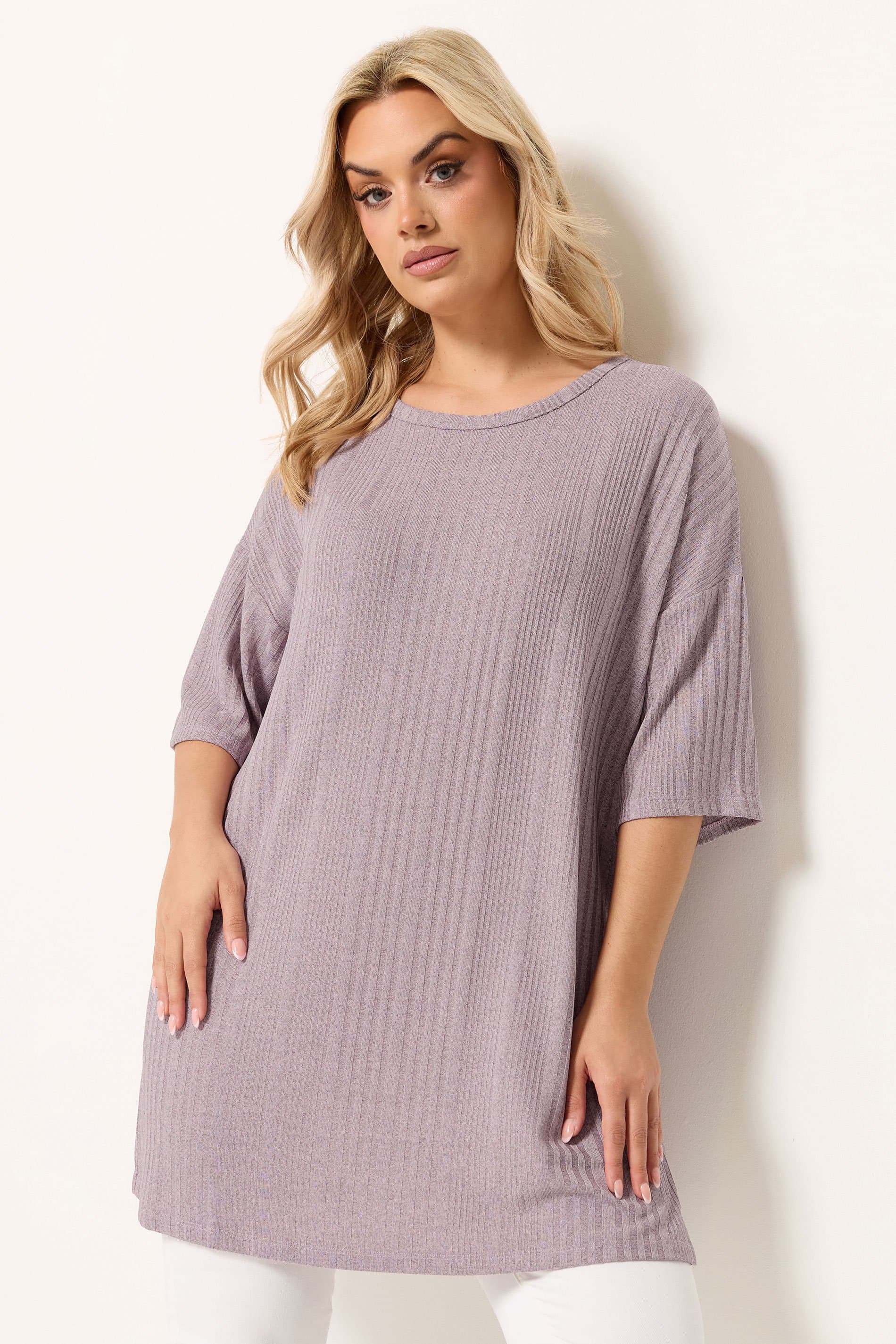 Yours Plus Size Purple Ribbed Over Size Tshirt