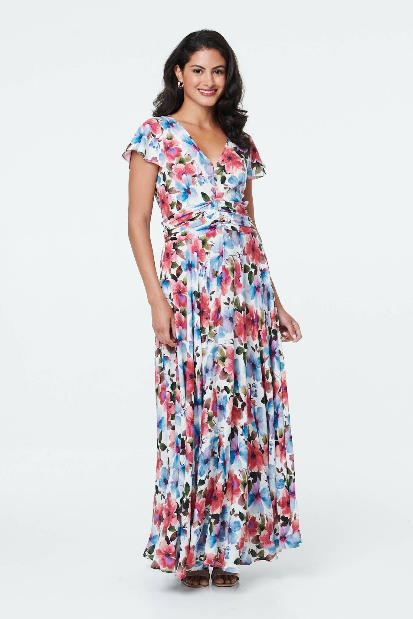 Izabel London Izabel London Women's Floral Cap Sleeve Tie Waist Maxi Dress in Pink