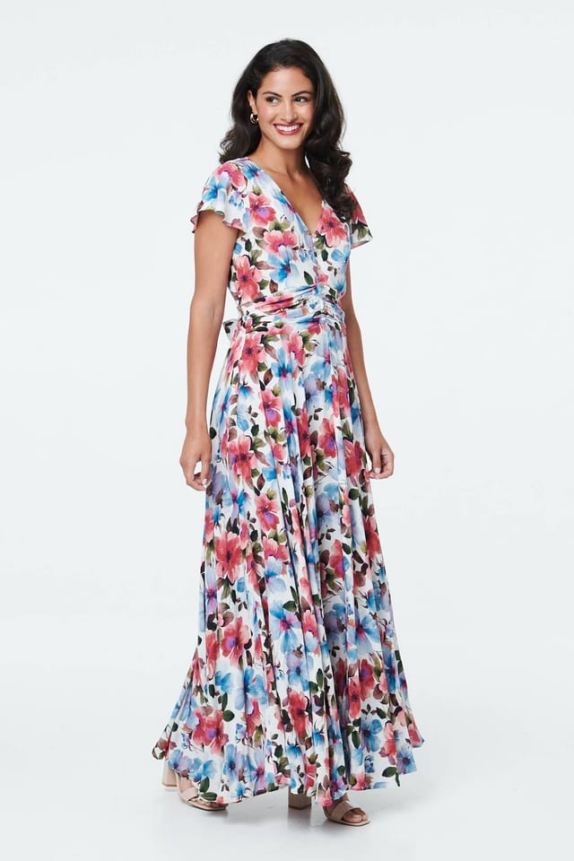Izabel London Izabel London Women's Floral Cap Sleeve Tie Waist Maxi Dress in Pink - 2